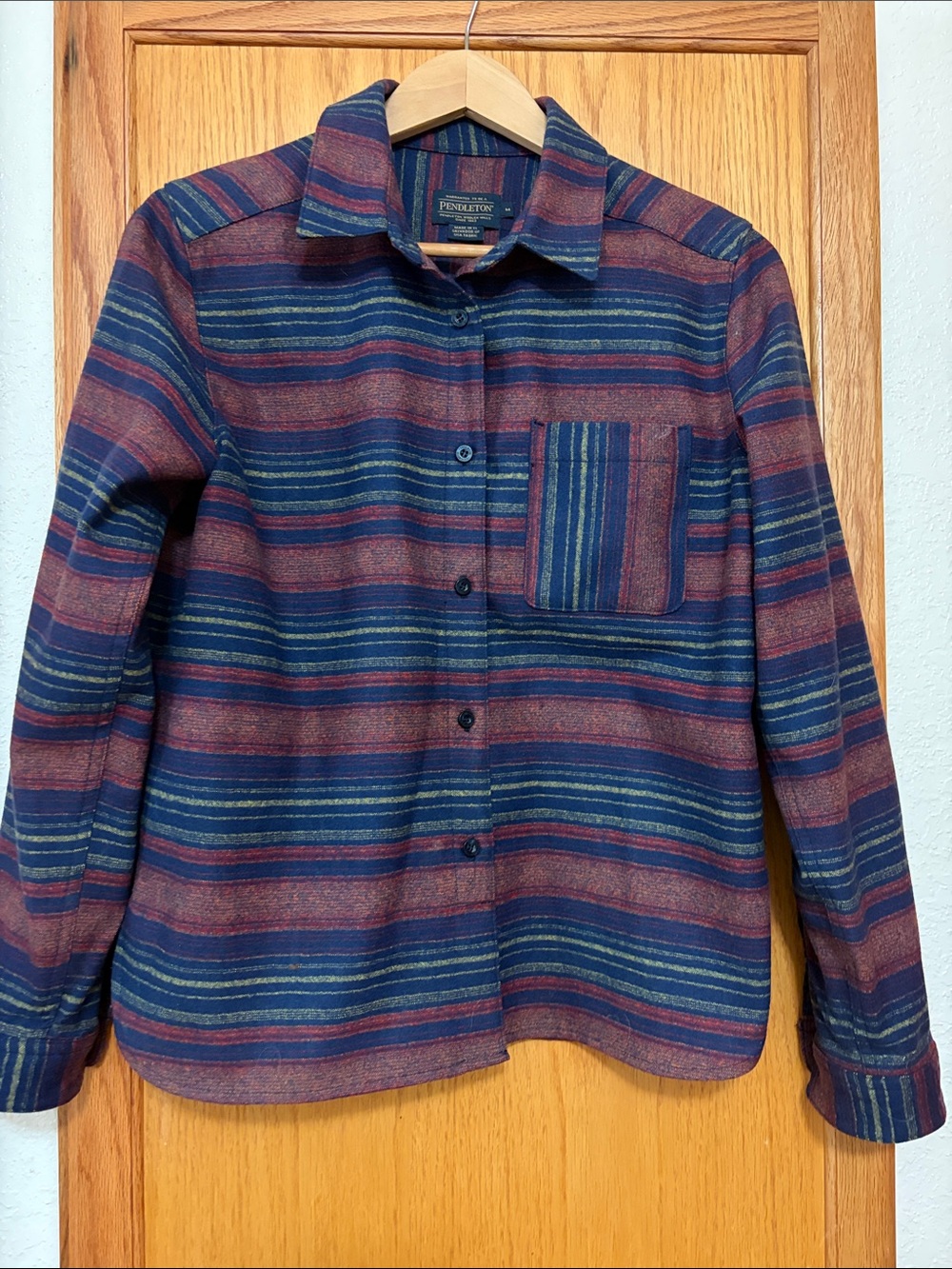 Pendleton Navy, Rust & Green Striped Button-Up Shirt Jacket 100% Virgin Wool